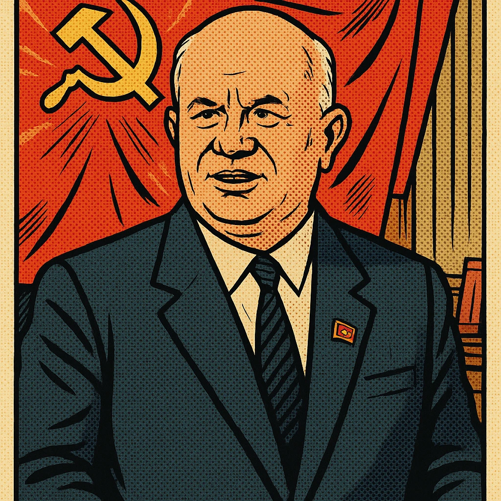 Soviet leader Khrushchev wearing a suit with a Communist Party badge standing in front of a communist flag in his office emoji
