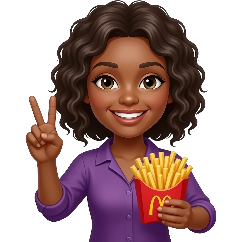 A black women smiling holding up the peace sigh and holding up fries in the other hand emoji