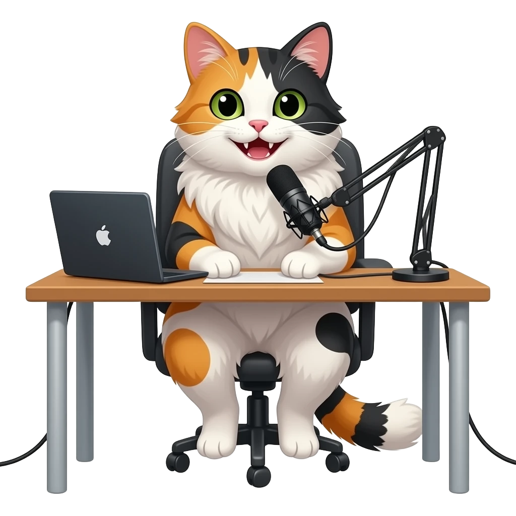 smiling extremely long-haired calico cat podcaster at desk emoji