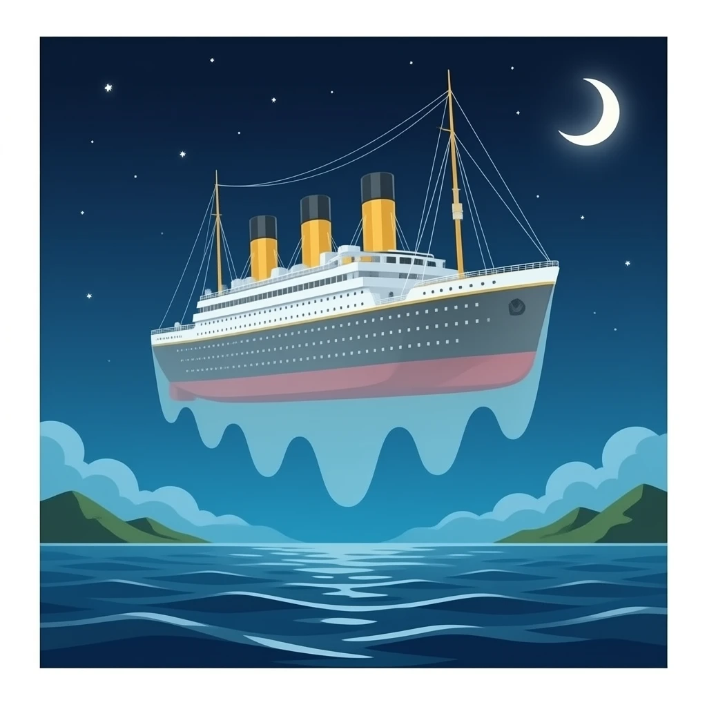 The ghostly ship Titanic floats in the night sky above the sea emoji