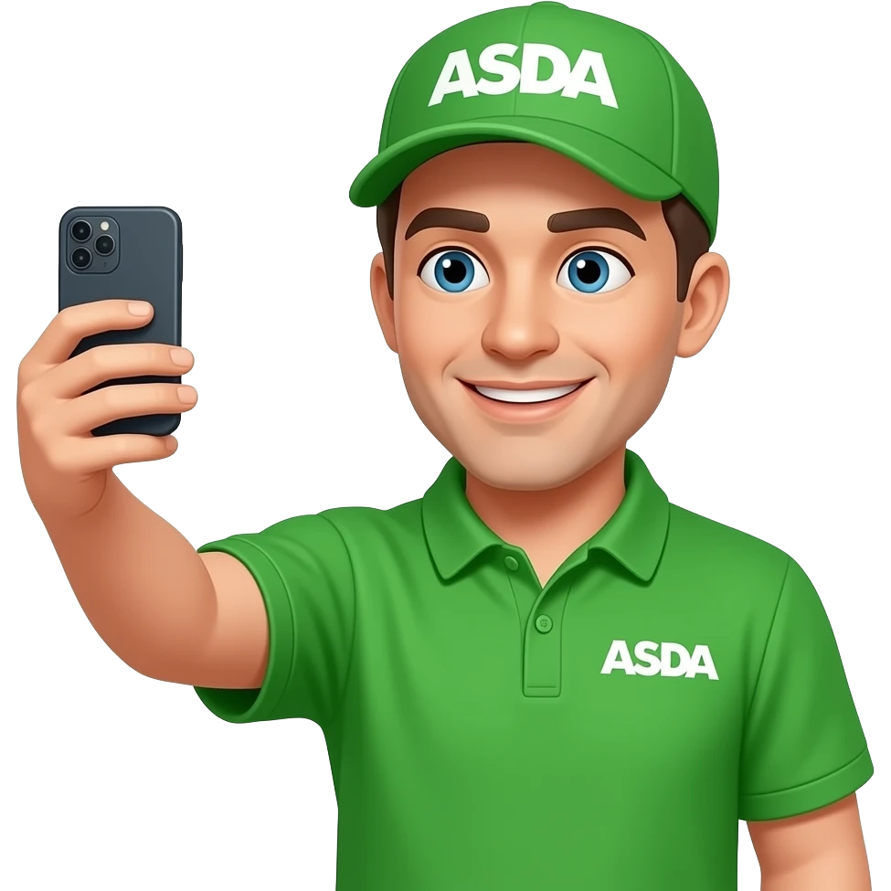 A grocery store worker wearing green asda uniform taking a selfie emoji