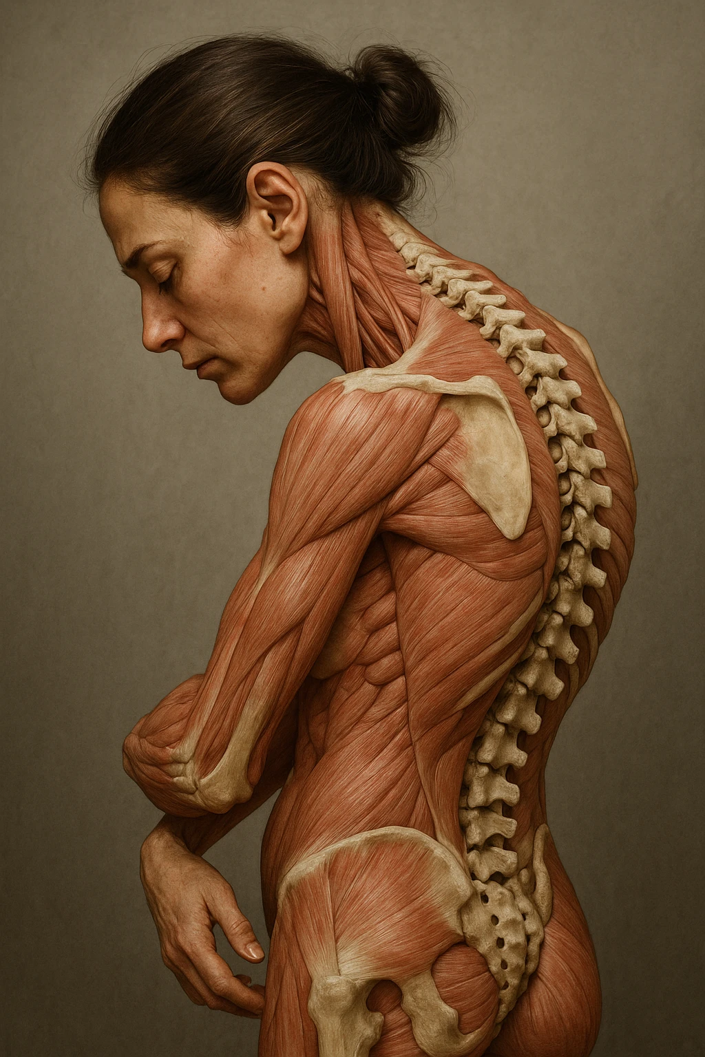 CORPO UMANO ANATOMICO di una donna di profilo con spalle chiuse e postura incurvata, spina dorsale in evidenza, IPERREALISTICO 4K emoji