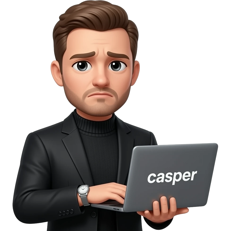 little grown beard freshly shaven, brown hair and eyes black suit jacket black fisherman neck pullover, laptop with casper text on pc , this memoji format stays. and add silver watch sad face emoji