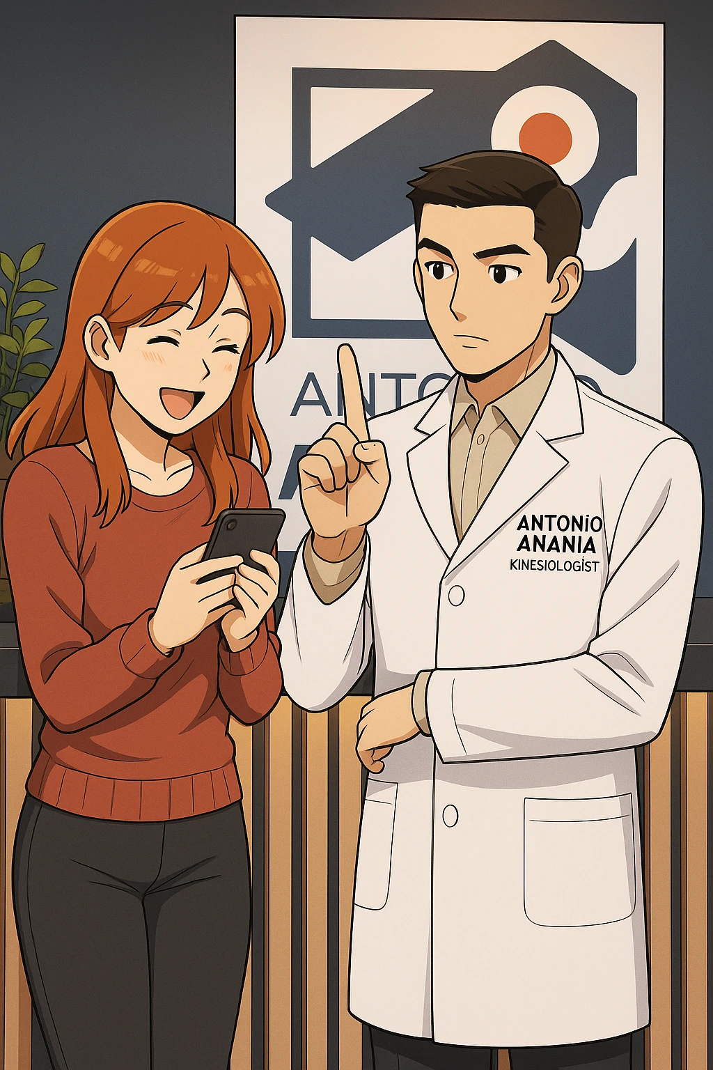 su questo stile fai un manga/webtoon a colori in cui una donna CONTROLLA ENTUSIASTA LO SMARTPHONE MENTRE PARLA CON L'UOMO, l'uomo della foto in stile manga LE DICE DI "NO" CON IL DITO, mantieni un ambiente simile alla foto che ho allegato con il suo logo (sarebbe il suo studio, lui è un kinesiologo), scrivigli "ANTONIO ANANIA" sul camice bianco, non mettere fumetti, ma fai in modo che sembri che la donna CONTROLLI LO SMARTPHONE E L'UOMO CON I GESTI LE FACCIA CAPIRE CHE STA SBAGLIANDO emoji