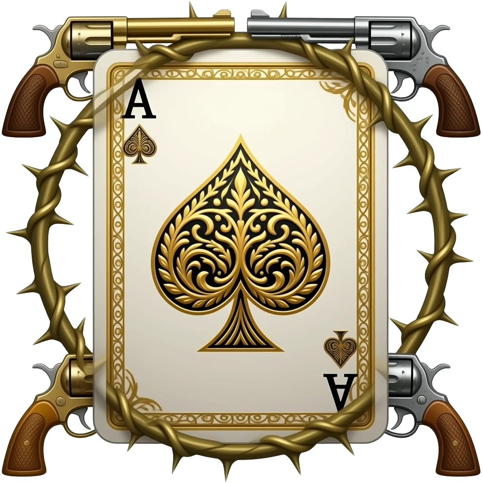 richly ornamented spade ace surrounded by tendrils of thorns and antique revolvers emoji