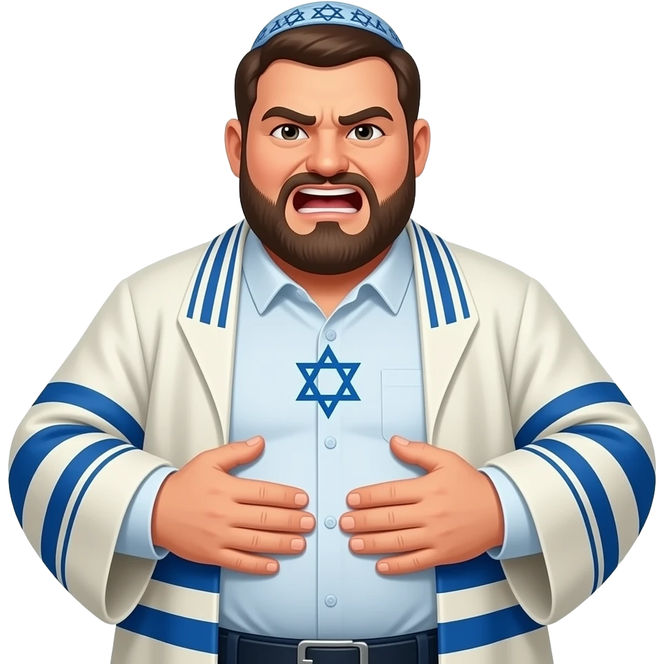 make a big fat jewish man in his jewish attire with a star of david on his chest, while he is slapping his belly aggresively, while he is also farting and is very gassy,while his face is red hot from chili peppers. emoji