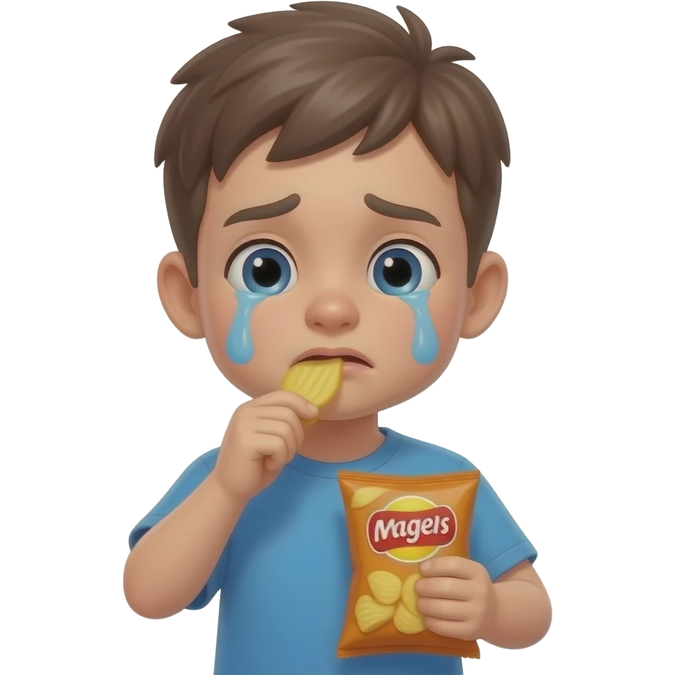 A crybaby boy, eating a bag of man chips emoji