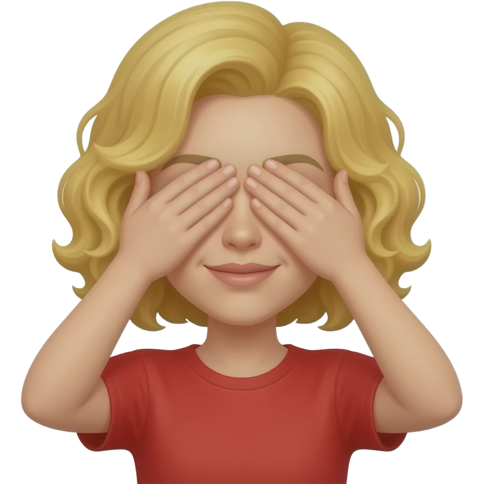 blonde curly bob covering both eyes with hands in red shirt emoji