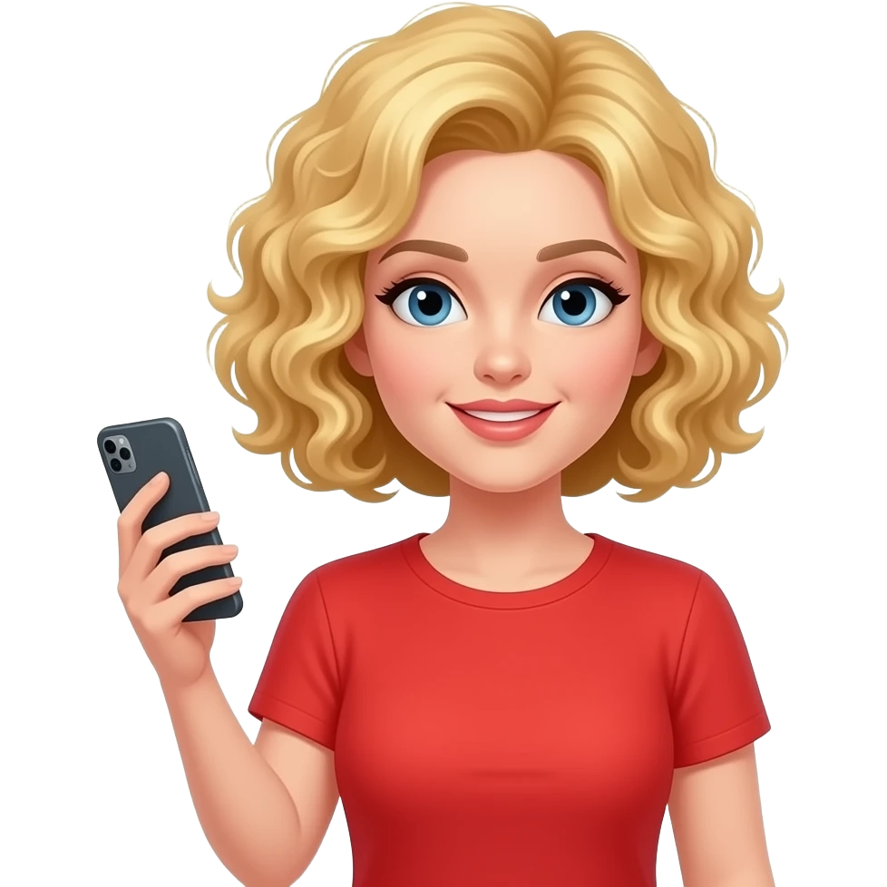 blonde tight curly bob on the phone in a red short sleeve shirt emoji