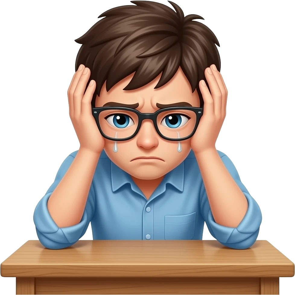 very annyoyed young person sitting on a table, head in the hands  on the table emoji