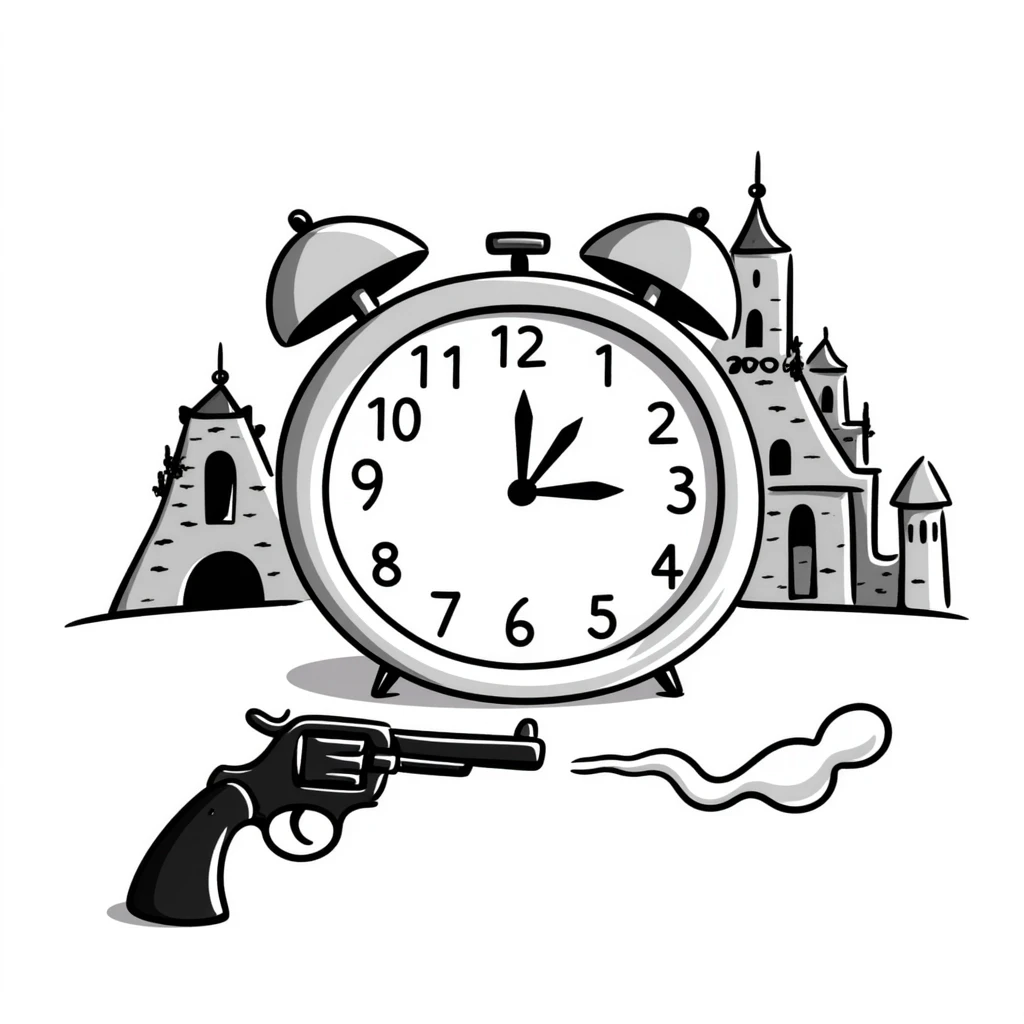 A clock showing 38 minutes, with a smoking gun and a destroyed palace in the background emoji