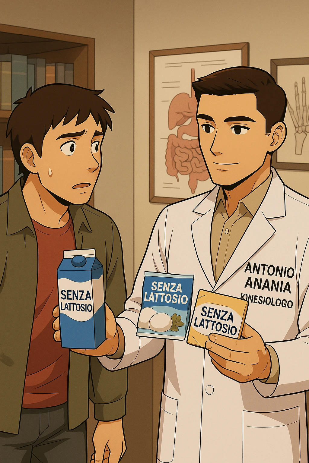 fai un webtoon manga a colori con questo stile, in cui un uomo ASCOLTA Il kinesiologo con il camice bianco (fagli anche la scritta "ANTONIO ANANIA" SUL CAMICE, IL KINESIOLOGO SPIEGA ALL'UOMO UNA MOSTRANDO VARI PRODOTTI DA SUPERMERCATO CONFEZIONATI (TIPO SCATOLA DI LATTE, MOZZARELLE CONFEZIONATE, FORMAGGIO CONFEZIONATO), OGNI CONFEZIONE HA LA SCRITTA "SENZA LATTOSIO SULL'ETICHETTA. L'UOMO OSSERVA IL KINESIOLOGO CON ESPRESSIONE CONFUSA IN VOLTO. non fare i fumetti però, fai solo in modo che sembri stiano parlando emoji