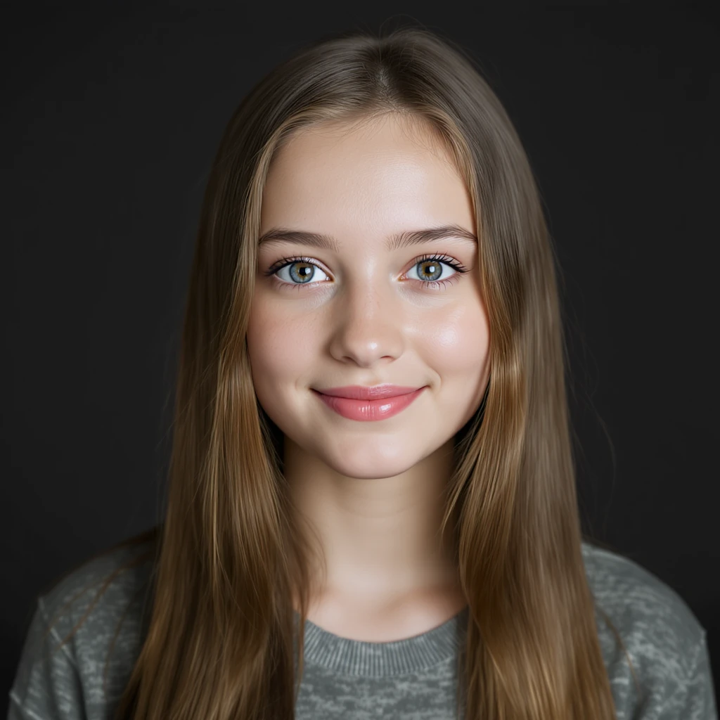 realistic portrait of a girl with long straight brunette hair and blue eyes, soft focus, gentle smile, neutral background emoji