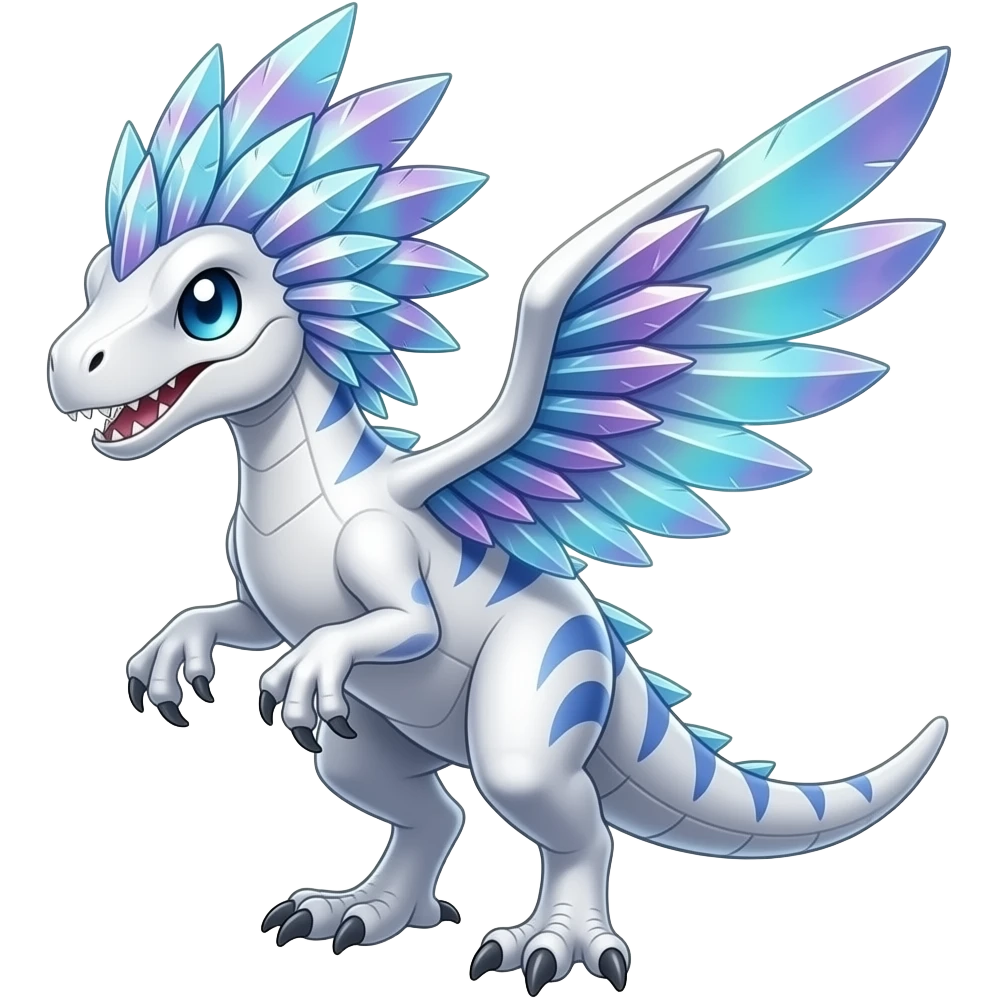 Shiny Futuristic Celestial Magical Ethereal Fakemon-HeadFeathers-Pokemon-Digimon-Spectrobes-Raptor-Dinosaur-fusion, full body emoji