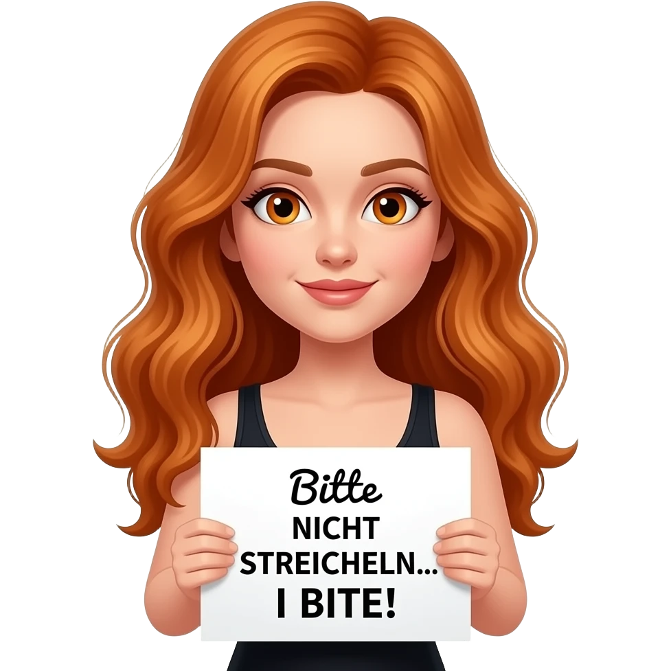 sexy girl with long wavy ginger hair and ginger eyes wearing a black tanktop is holding a white sign with Bitte NICHT STREICHELN... I BITE! written on it emoji
