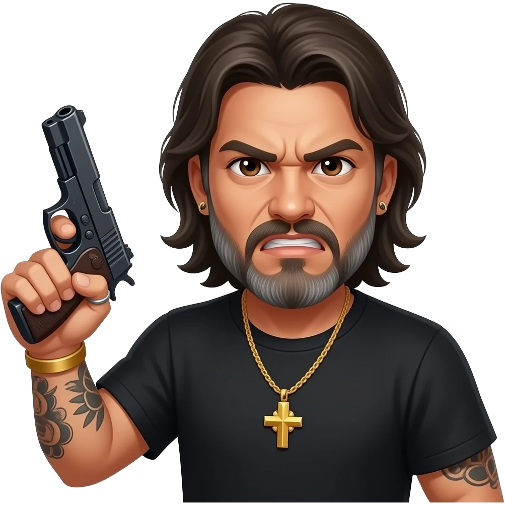 The handsome manly Latino podcast host with medium length hair, a long slightly graying beard and tattoos with his ears pierced 1 time each ear and a nose ring on the right side, dark brown eyes, jewelry, holding a pistol, angry AF emoji