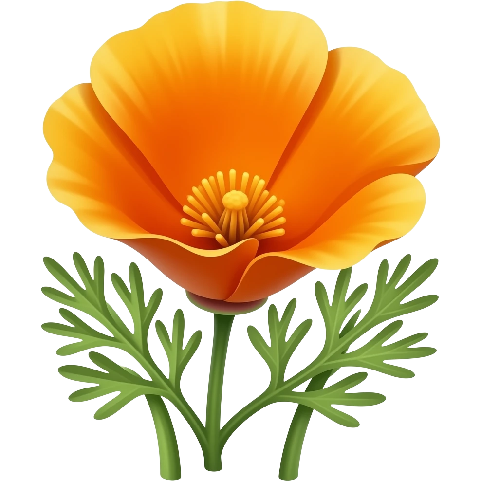 Bright orange California poppy flower with delicate petals, sunny golden center, green feathery stems and leaves, warm sunlight, vibrant and cheerful, blooming emoji