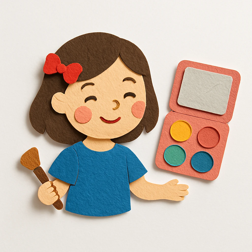 make a whole image with backgorund of a girl and her makeup kit emoji