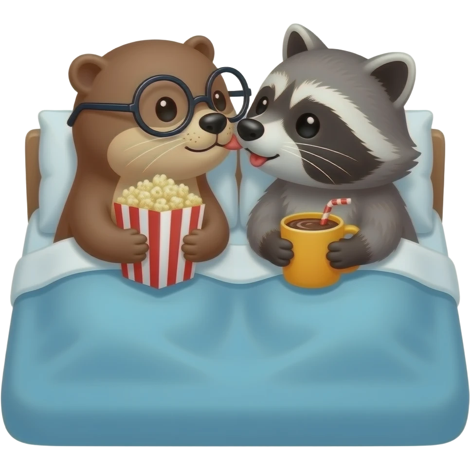 an otter with round glasses and a  raccoon kissing each other with popcorn and a mug of hot chocolate in bed emoji