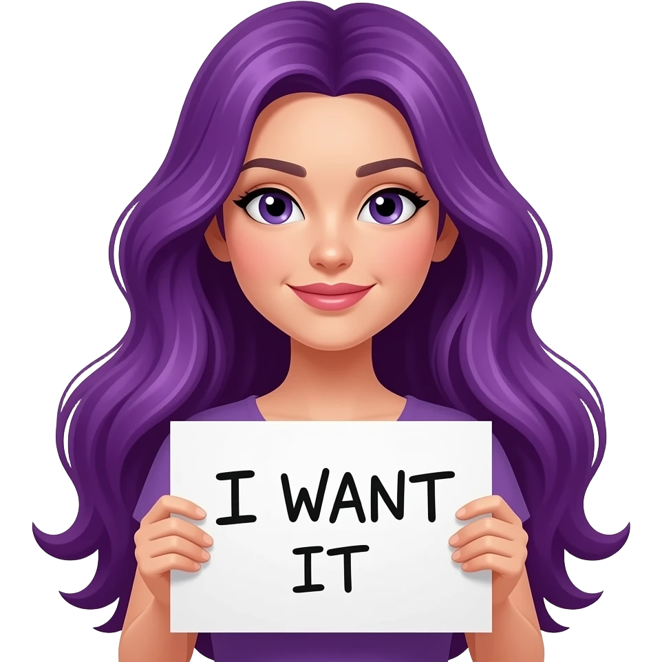 sexy girl with long purple hair holding a I WANT IT sign emoji