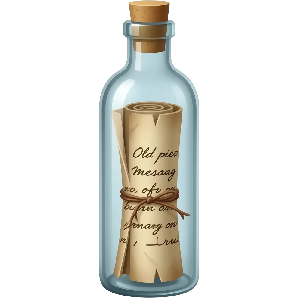 A tall, thin glass bottle containing a rolled-up message in an old piece of paper, with the message positioned exactly in the center of the bottle. The roll should look truly natural, with natural curves and a three-dimensional appearance. emoji