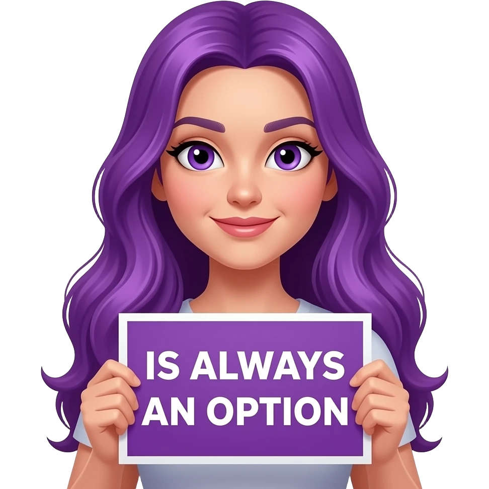 sexy girl with long purple hair and purple eyes holding a -PURPLE- is always an option sign emoji
