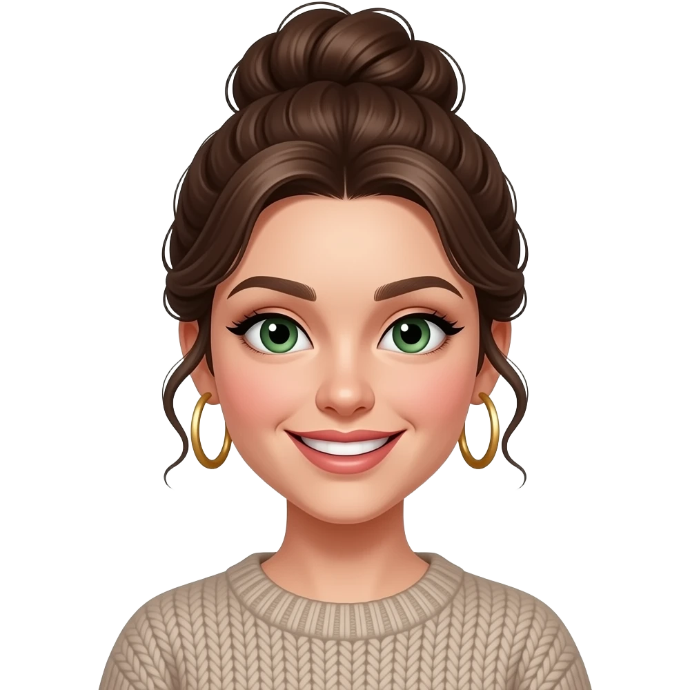 fille brune 25 ans, yeux verts, cheveux en chignon haut ondulés, sourire méchant, maquillage, botox, pull, anneaux dorés aux oreilles emoji