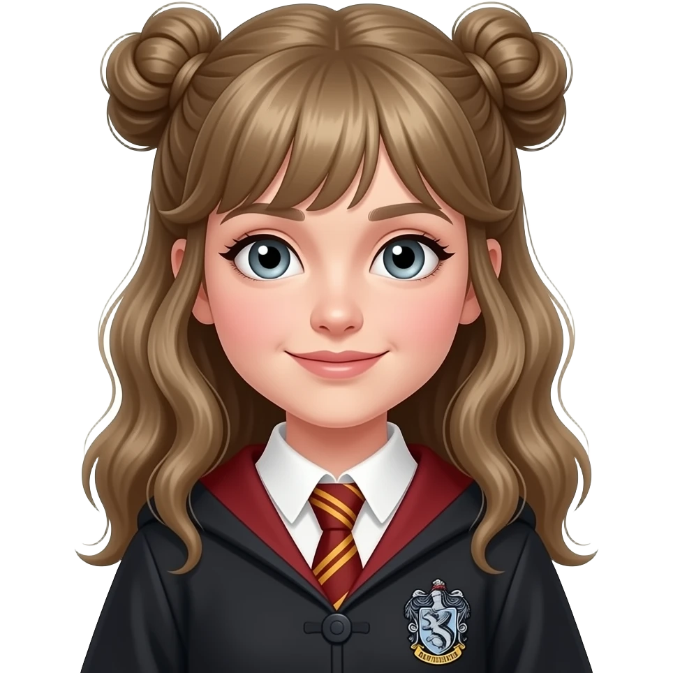 Emily Beckett in Harry Potter, wearing a Ravenclaw robe, her dark-blonde hair are up in two braided buns with some hair framing her face in waves. emoji