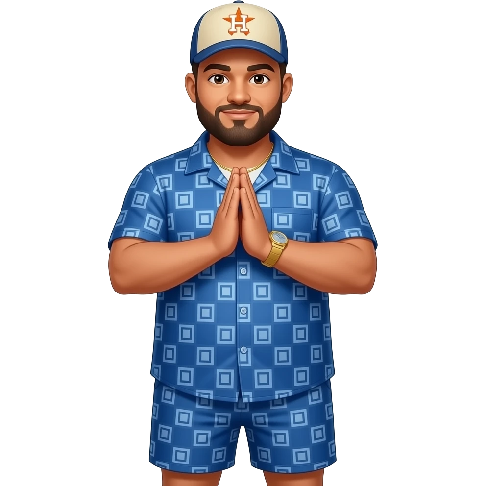 Chubby man with apricot skin tone with lightly shaved black beard wearing a blue button down short sleeve shirt with matching shorts with square pattern designs wearing an all beige color Huston Astros logo baseball cap wearing a gold tennis necklace and a gold wrist watch with prayer hands emoji