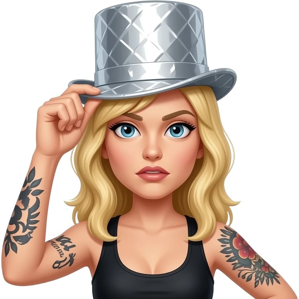 Mini Tin foil top hat conspiracy on blond woman with arm tattoos emoji