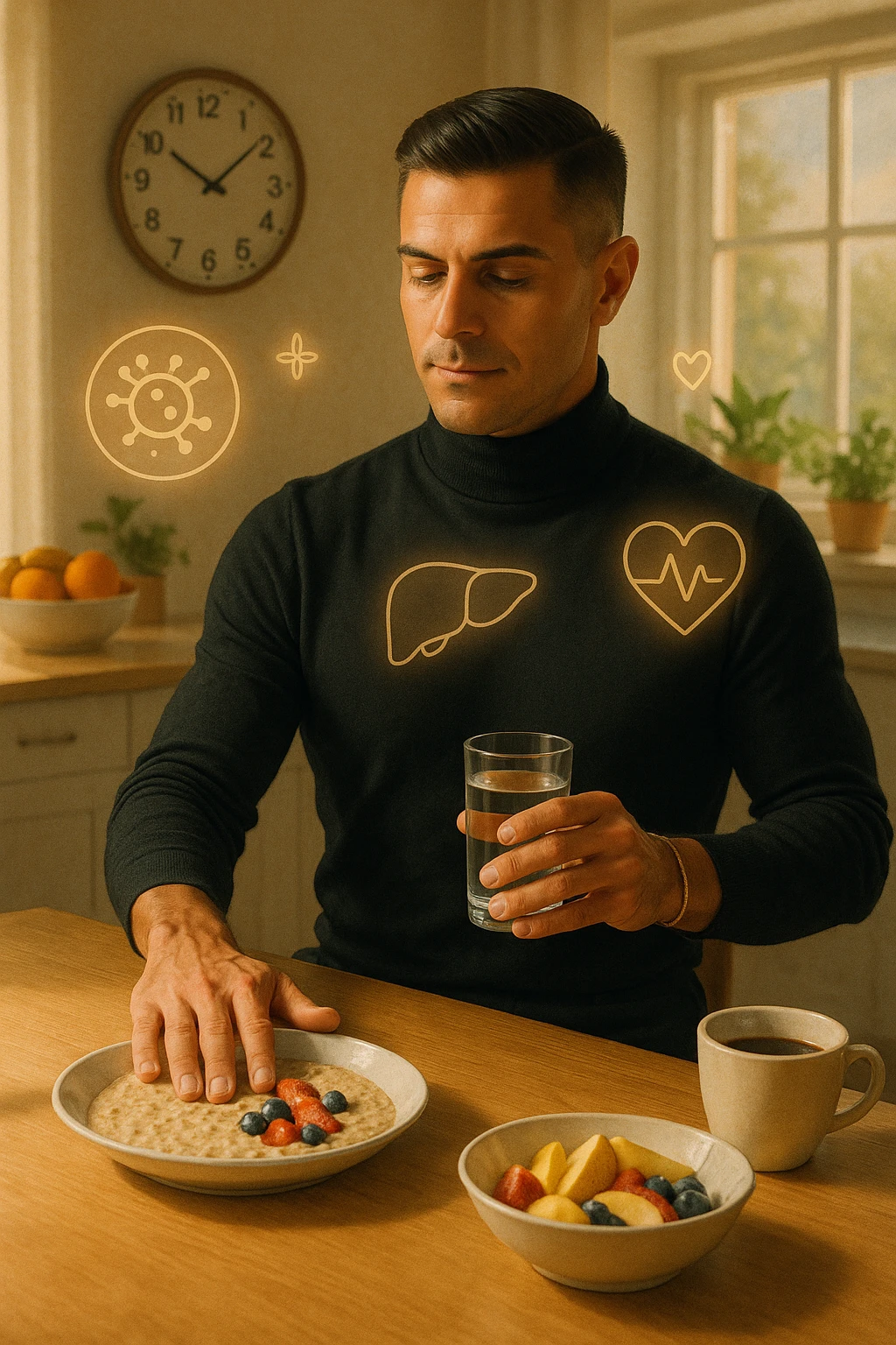 A realistic, cinematic illustration of a man in his early 30s with a fit, healthy appearance, standing in a bright kitchen in the morning. The kitchen table has a prepared but untouched healthy breakfast (oatmeal, fruit, coffee) on it, while the man, with a calm and focused expression, gently pushes the plate away with one hand while holding a glass of water in the other. A wall clock in the background shows 8:00 AM, indicating the morning fasting window, while sunlight streams in, illuminating the scene. Subtle glowing icons of a regenerating cell, a clean liver, and a heart float softly around him, symbolizing the health benefits of intermittent fasting. The atmosphere is clean, minimal, and motivating, showing that the man chooses intermittent fasting consciously for health, clarity, and energy rather than weight loss alone. The color palette is warm, with natural light and a slight film grain for depth emoji