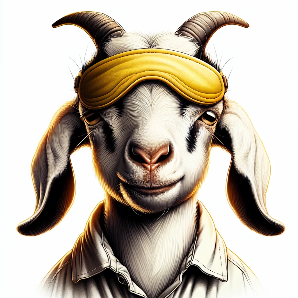 a goat with yellow sleep mask and wearing shirt, front view,  Frontal Top-Down Soft Light, white background, portrait, casual cartoon stylized emoji