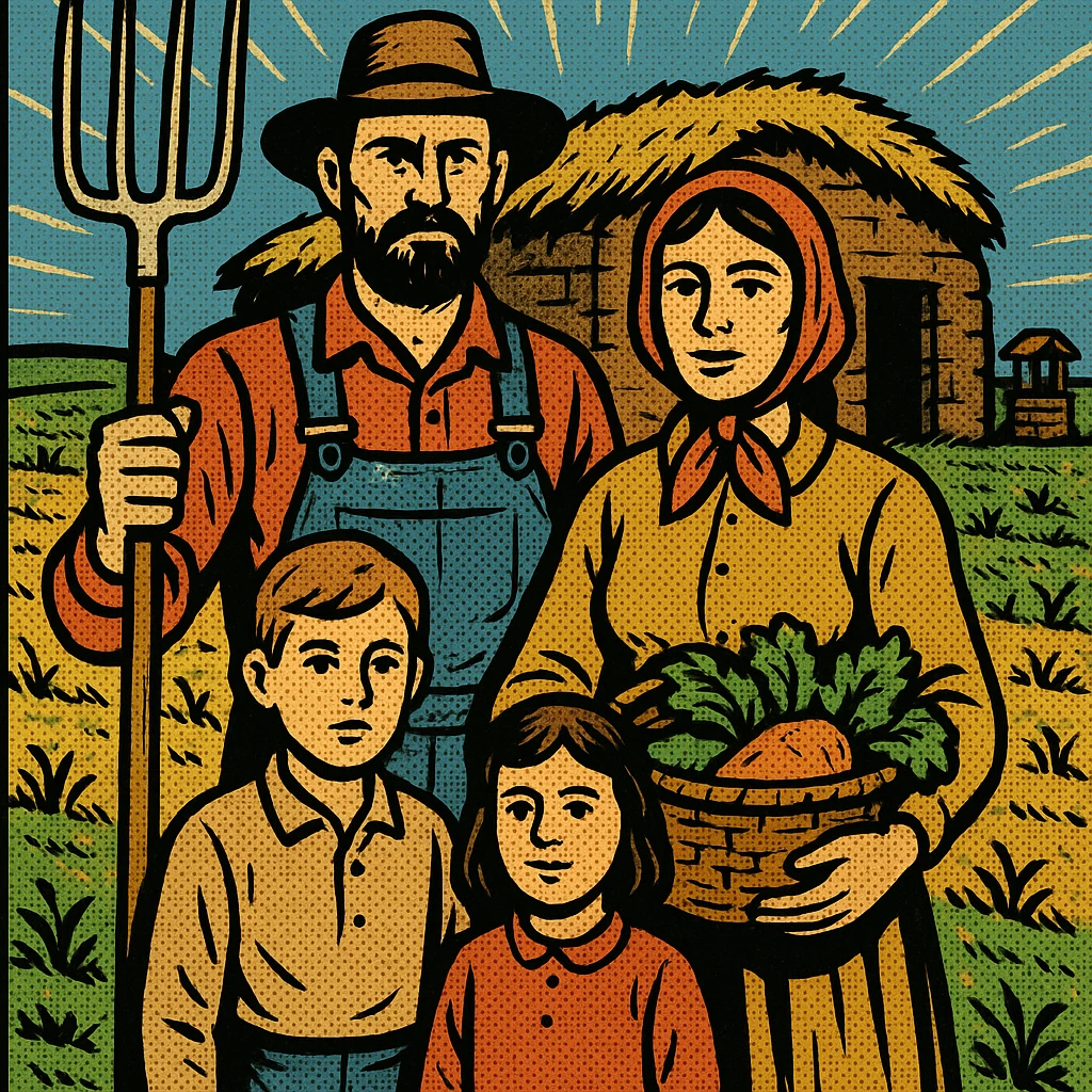 A homestead farming family from the 1860s standing in front of their sod house on the Great Plains. The father is holding a pitch fork and the mother is carrying a basket of crops. The land in the background has crops which are struggling to grow with a small well emoji