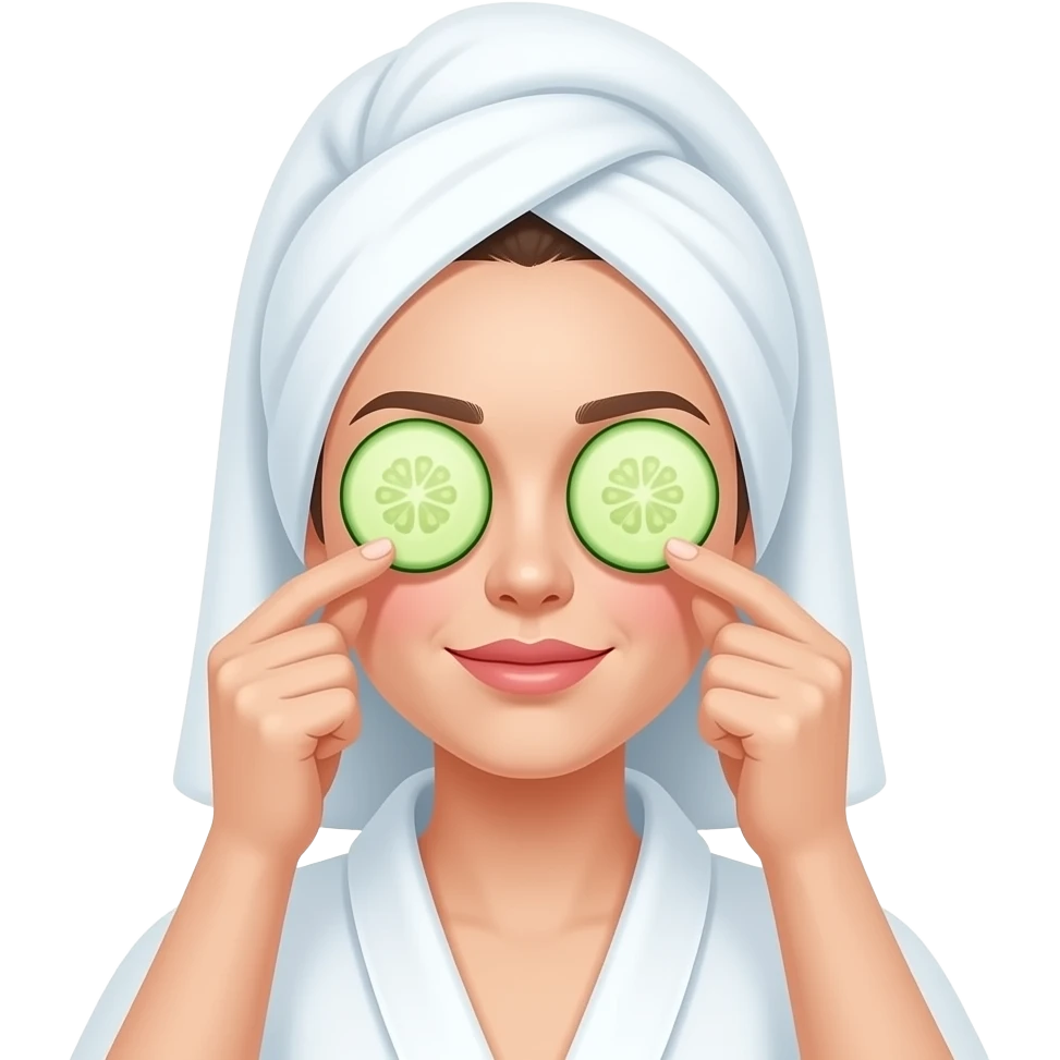 Una mujer blanca con toalla y pepino en los ojos emoji