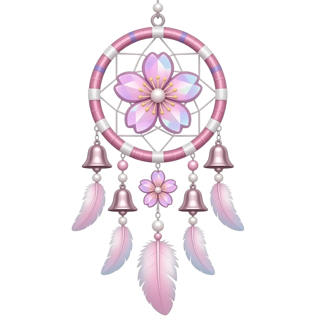 Hanging Iridescent pastel pink sakura crystals white-pearly suncatcher dreamcatcher with bells and feathers emoji