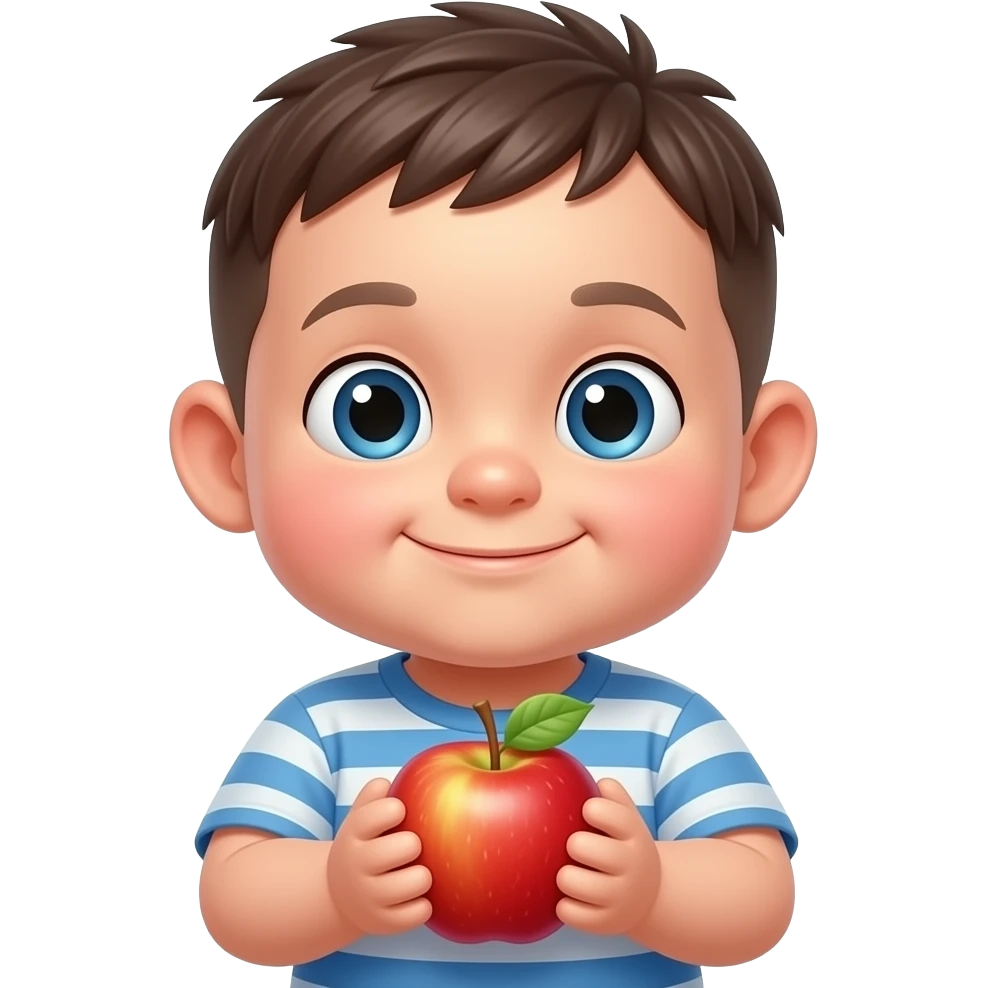 小男生、身型胖胖、短頭髮、大耳朵、手拿蘋果 emoji