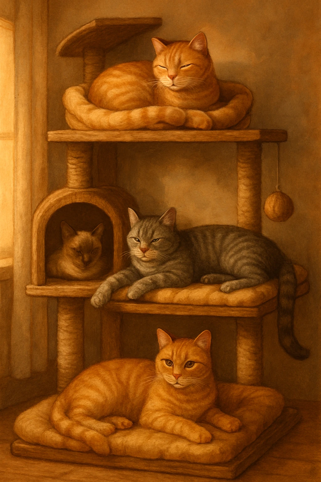 cats relaxing in a vertical playhouse emoji