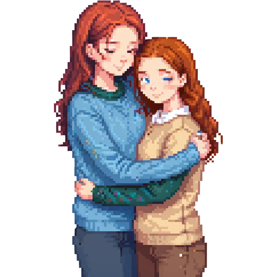 A red-haired girl in a beige blouse hugging a brunette in a blue sweater, warm colors emoji