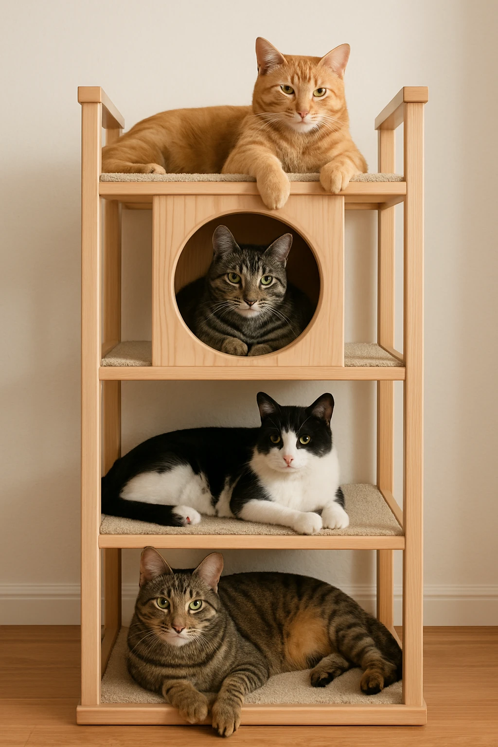 cats relaxing in a vertical playhouse emoji