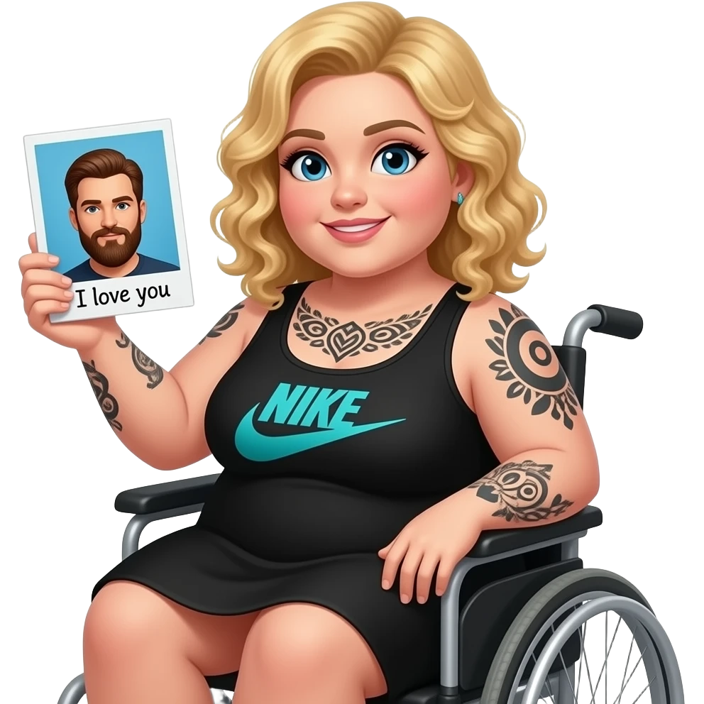 Plus size women waving in wheelchair Blonde curly hair blue eyes black tattoos a black summer dress Nike with logo in teal and holding a Polaroid photo of a man with brown hair brown eyes and long brown beard saying I love you in cursive writing emoji