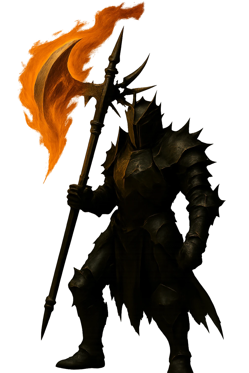 Remove the background, keep only the scary knight holding the super realistic flaming halbert, preserve all details. The style should maintain the realistic and detailed look of the original image. emoji