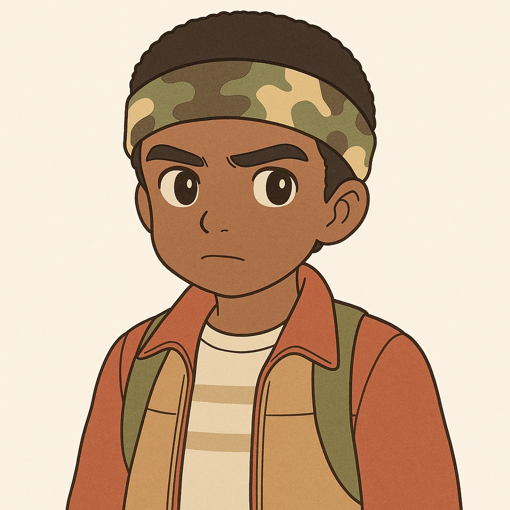 Create a character of Lucas Sinclair from Stranger Things inspired by the provided reference image. Use a simple line style with thick outlines, colored in light pastel tones, in the Ghibli style. Format the image in a 1:1 aspect ratio. emoji