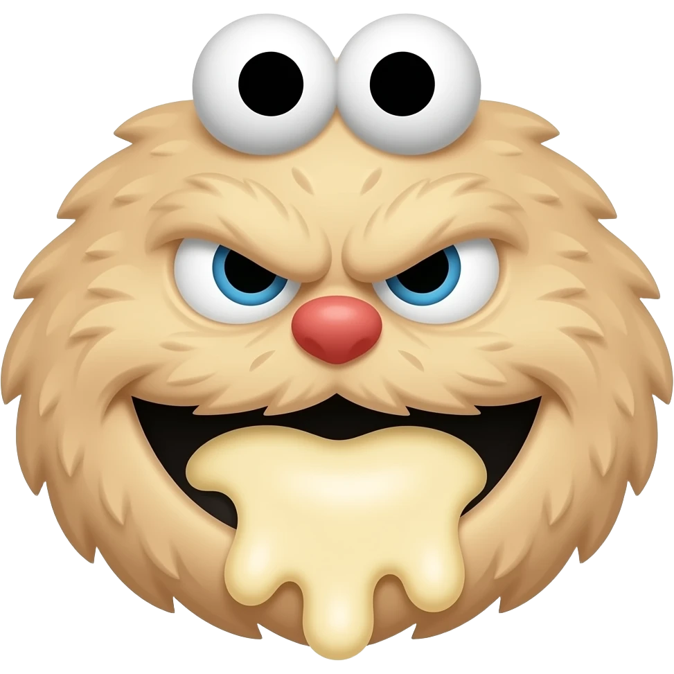 Bit angry, Mouth covered in cheesecake, Persona, portretu, cheese cake monster, similar to cookie monster, fur should be new york cheesecake it means beige emoji