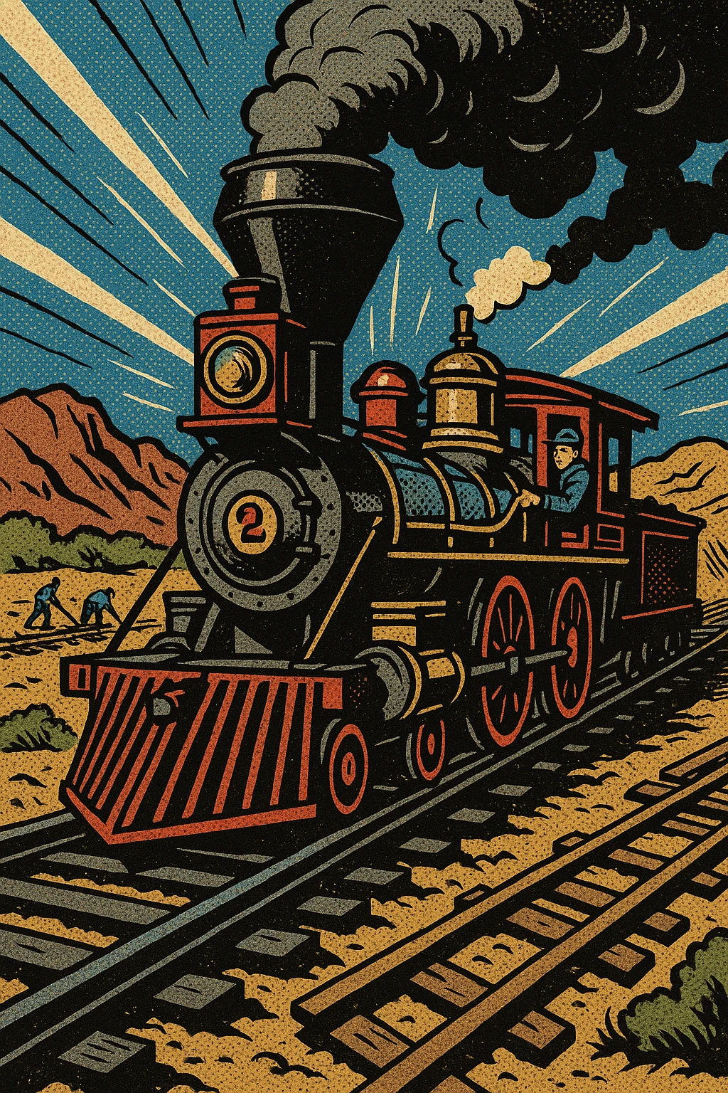 A steam train engine on the Transcontinental Railroad in the American West in the 1860s with the railroad tracks being built in the background emoji