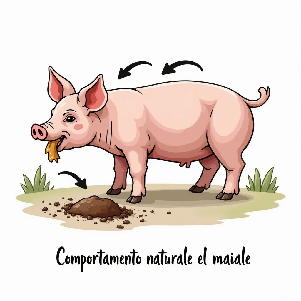 educational illustration realistic of a pig eating both leftovers and feces, diagram with arrows indicating behavior, Italian text 'Comportamento naturale del maiale', 4K quality emoji