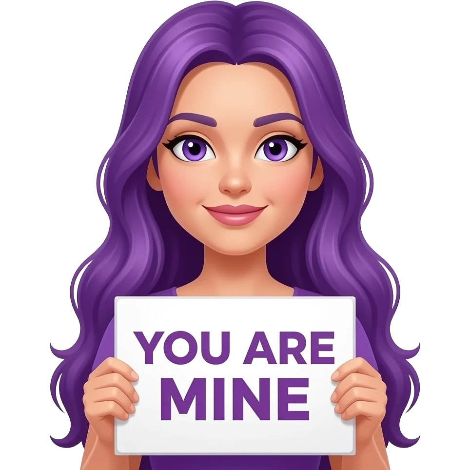 sexy girl with long purple hair and purple eyes holding a YOU ARE MINE sign emoji