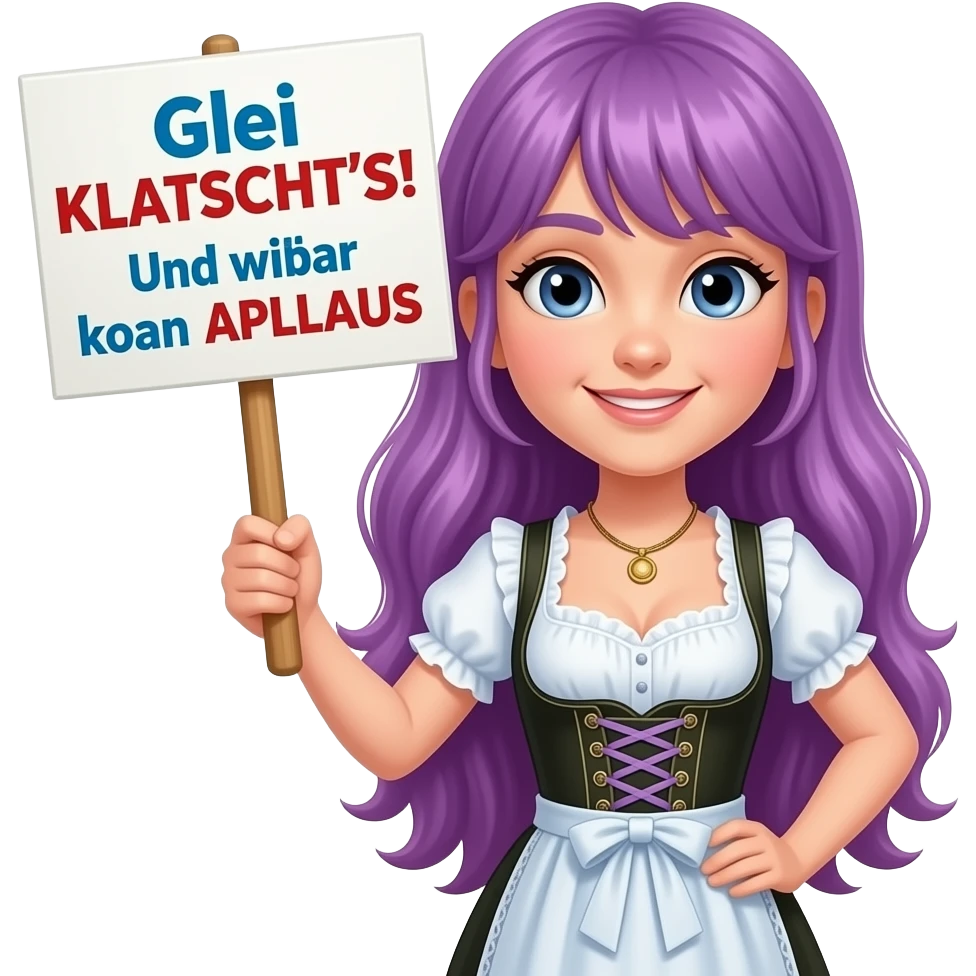 girl with long purple hair wearing a dirndl holding a Glei KLATSCHT'S! Und zwar koan APLLAUS sign emoji