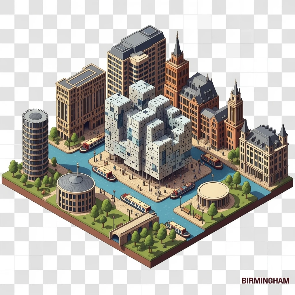 Isometric illustration of Birmingham, featuring the Library of Birmingham with its modern architecture and nearby canals, highly detailed in semi-realistic style, balanced between stylized and realistic, 3D miniature effect, transparent background. emoji