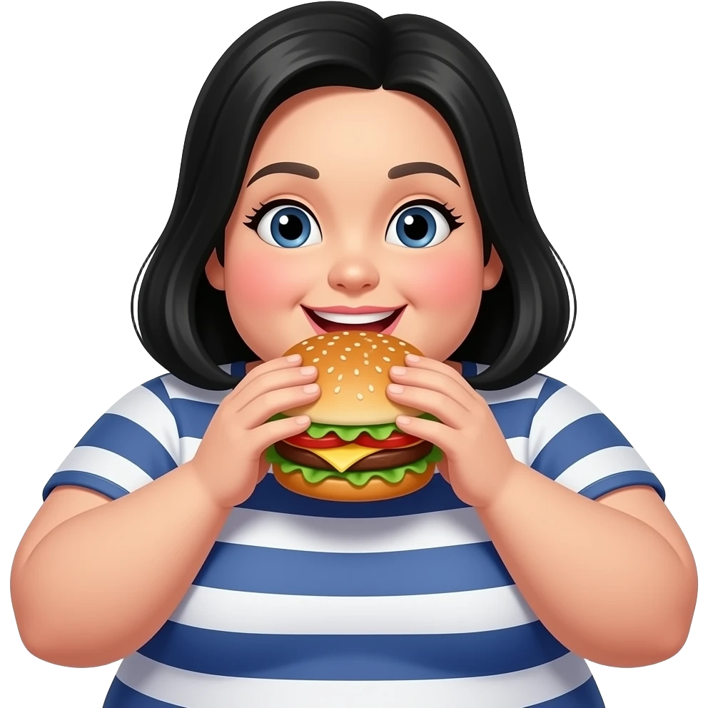 mujer muy gorda NO sonriendo con pelo negro y comiendo hamburguesa emoji