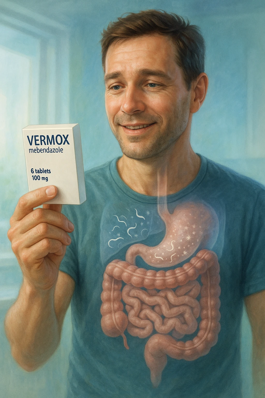 A realistic, cinematic illustration of a man in his late 30s holding a small white box of ‘Vermox’ (mebendazole) in one hand, with a relieved and hopeful expression on his face. Behind him, a semi-transparent overlay shows his digestive tract where small, symbolic worm-like parasites are dissolving and disappearing, indicating the medication’s effect. The environment is clean and bright, with a medical yet hopeful tone, conveying the concept of effective parasite removal. Subtle blue and green tones symbolize cleansing and health restoration, while the man appears energized and ready to reclaim his well-being emoji